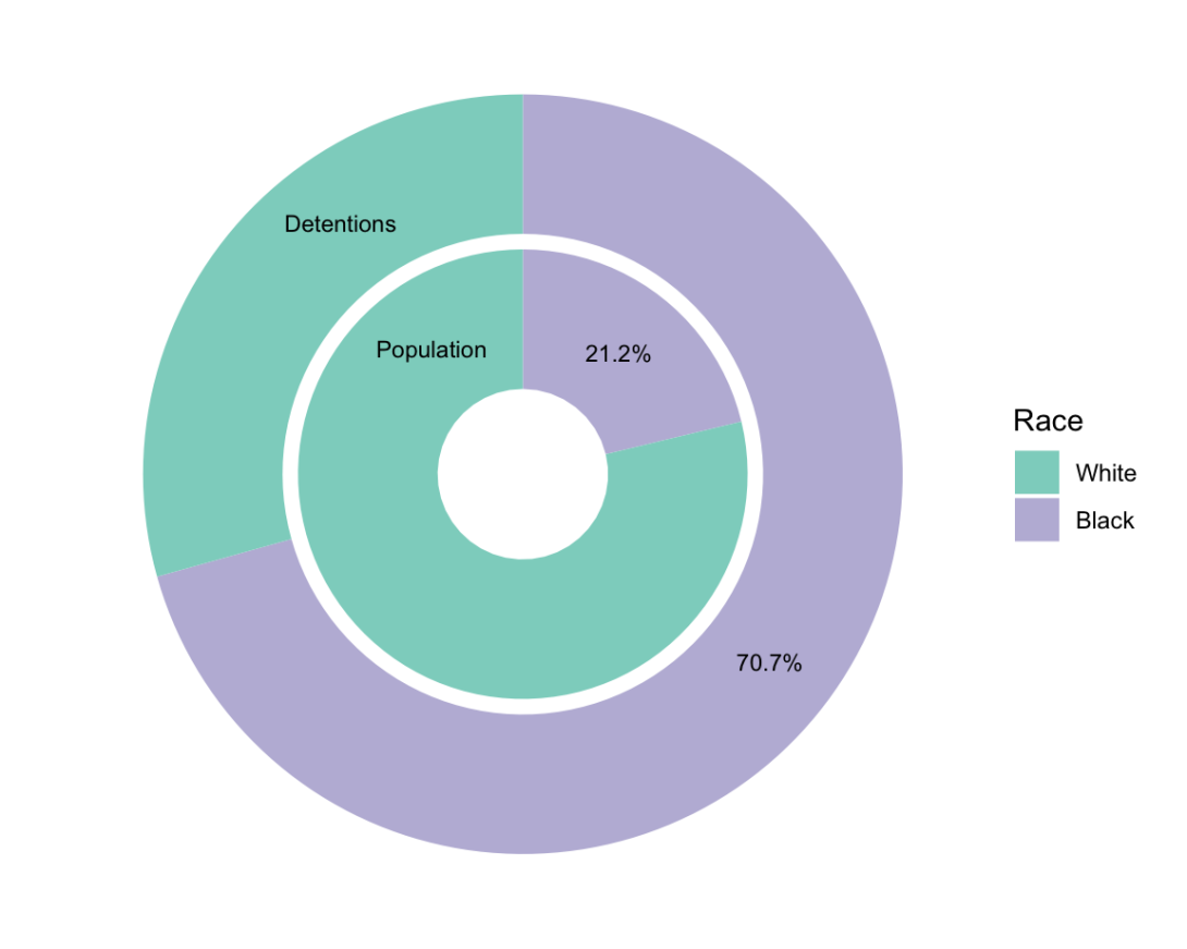A graph showing two concentric circles, the larger representing the number of detentions and the smaller representing the population color coded by race. The finding is that 70.7% of detentions are of Black individuals, who account for only 21.2% of the population.