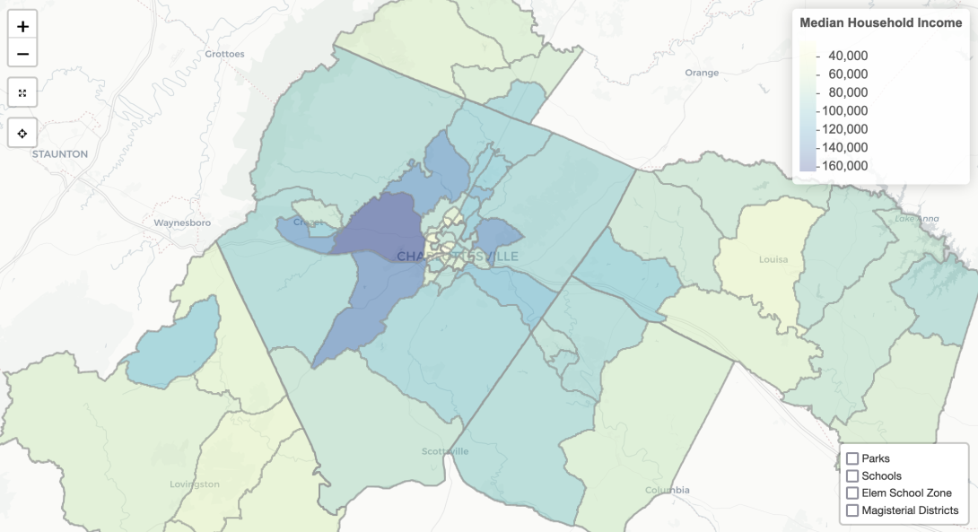 Map of central Virginia marked by household income